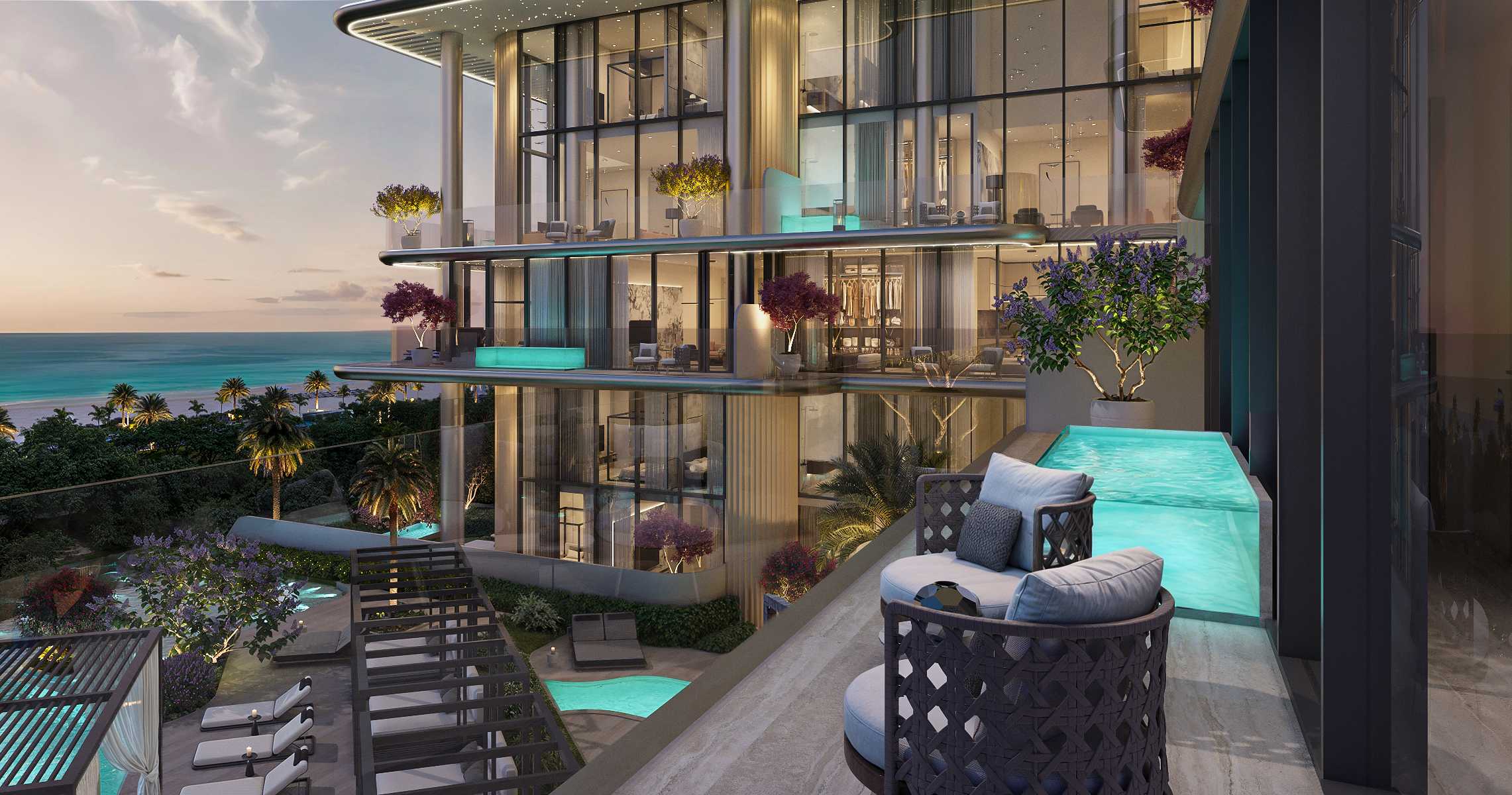 Terrace with plunge pool and armchairs overlooking the gardens and the sea