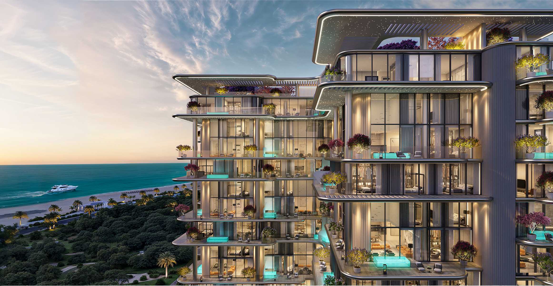 Villa del GAVI's glass facade and planted terraces above the beach at sunset