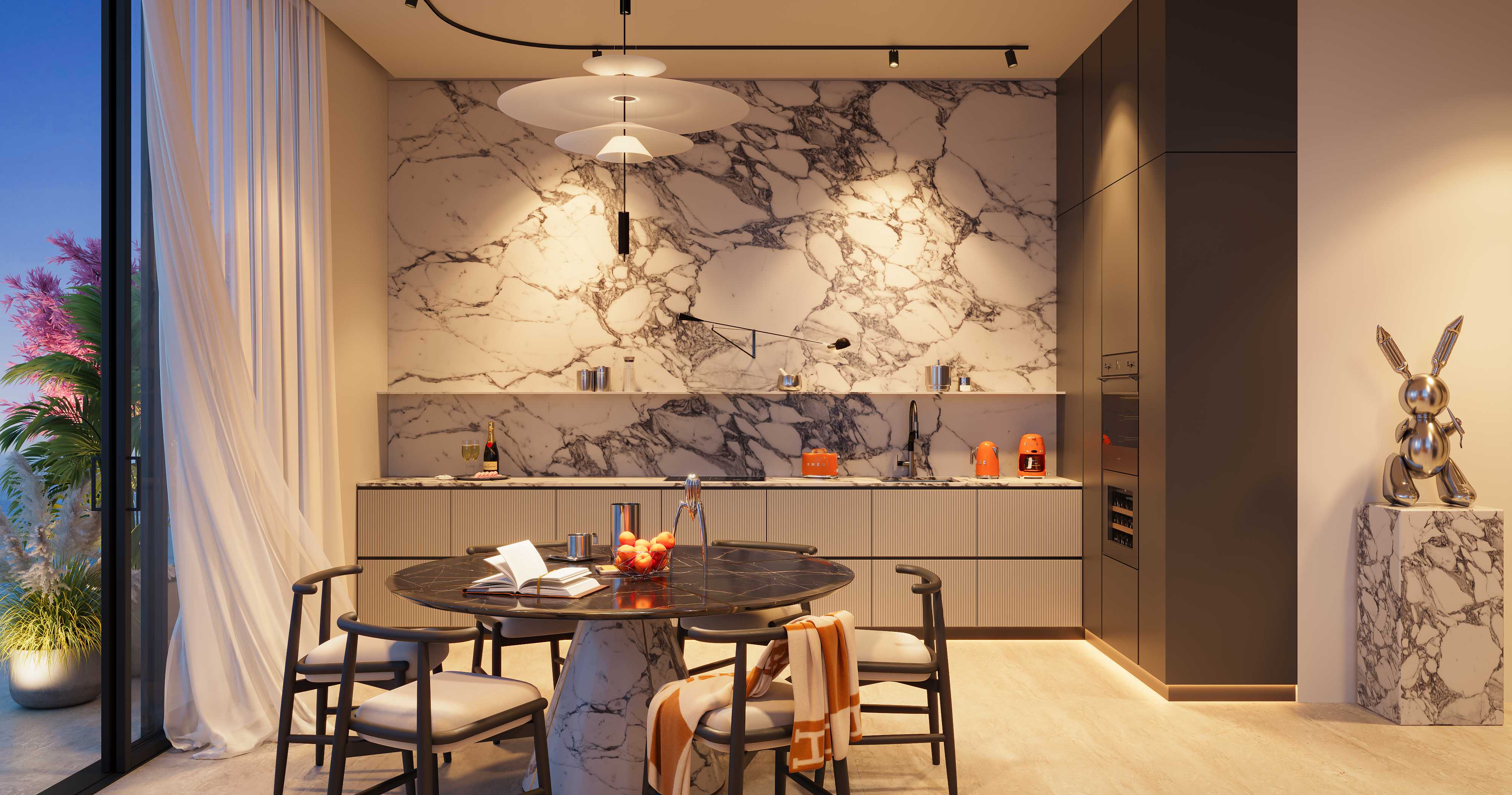 Kitchen with marble splashback, fluted cabinets and round dining table
