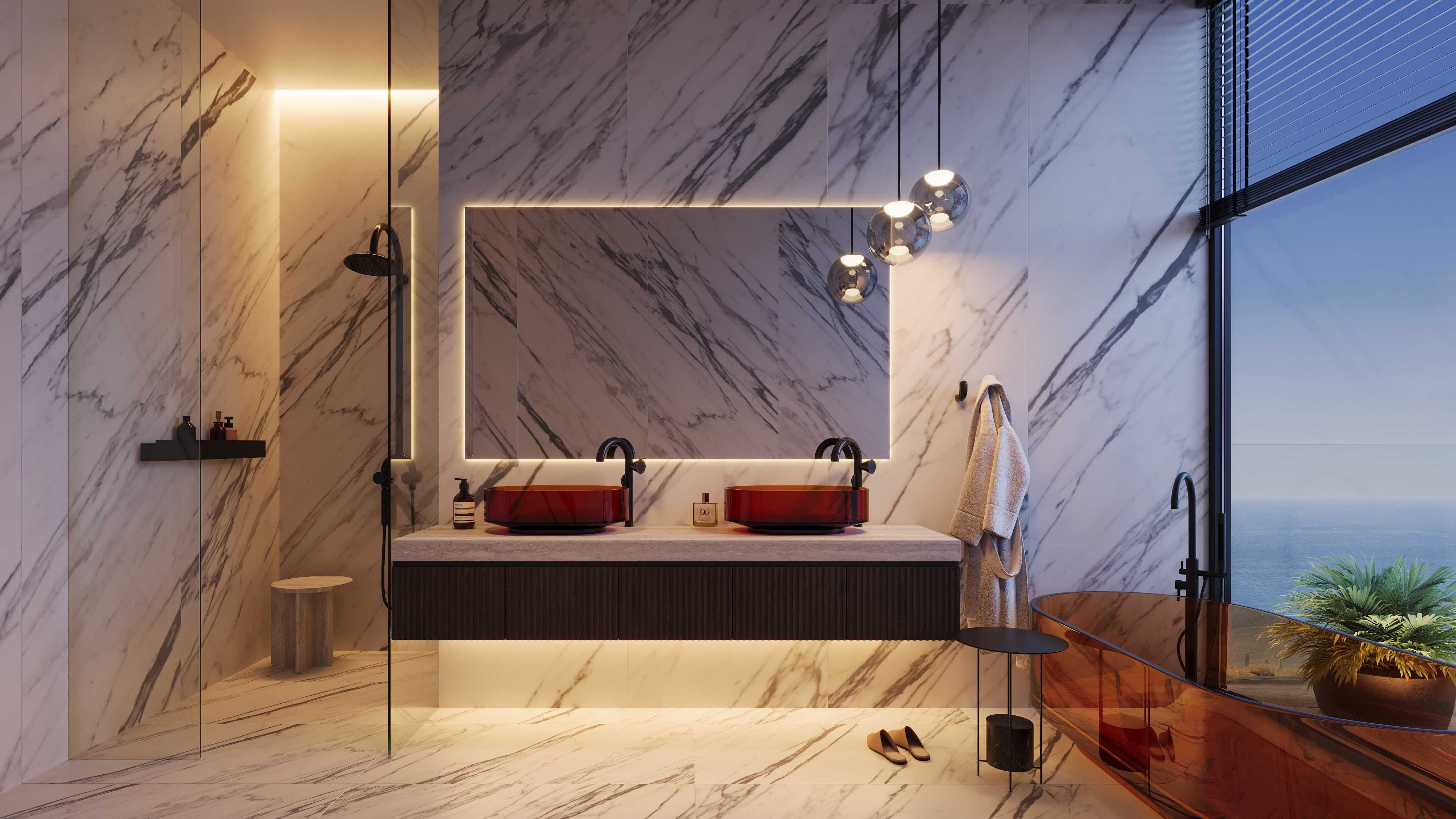 Marble bathroom with twin amber basins, walk-in shower and freestanding bath